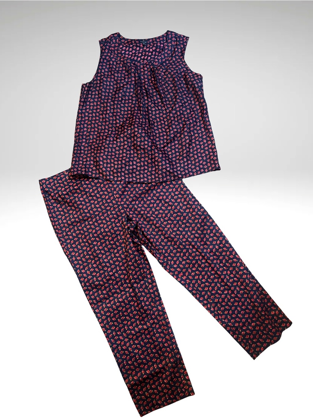 Talbots Sleeveless Silk Navy Top & Capri Pants Set with Ladybug Print